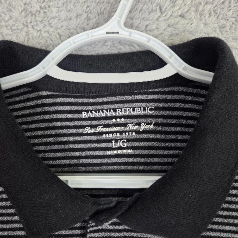 Banana Republic Polo Shirt Men's Large Gray Black‎ Striped Casual Cotton Classic